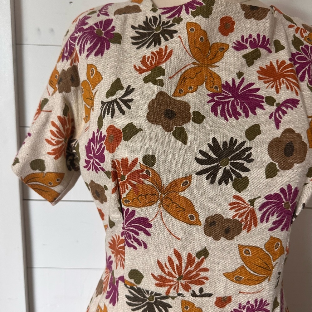 vintage 1970s floral butterfly print hemp and linen dress